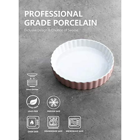 Sweese 515.108 Porcelain Tart Pan Round Pink 9.5 Inches Quiche Dish Baking Pan